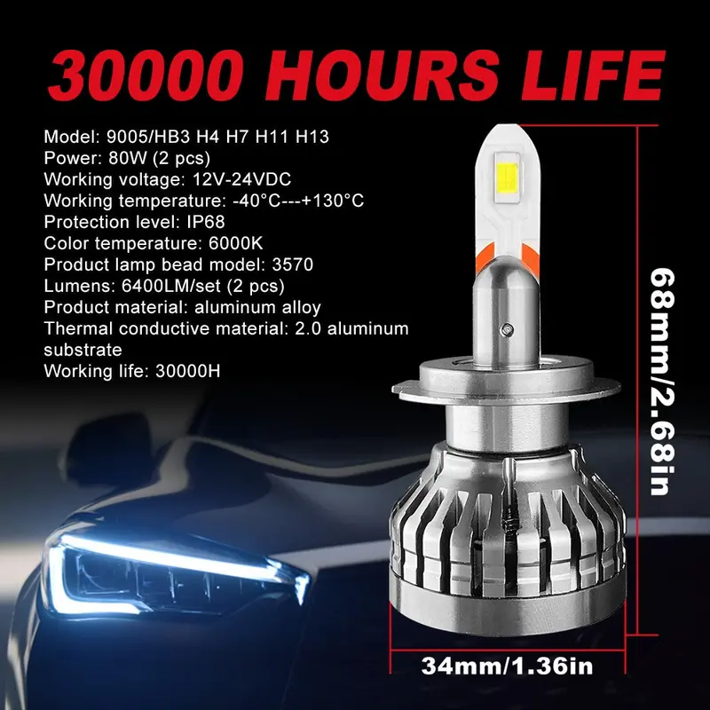 9005/Hb3 H4 H7 H11 H13 Led Headlight Bulbs 80W 6400Lm 6000K 2 Bulbs 3