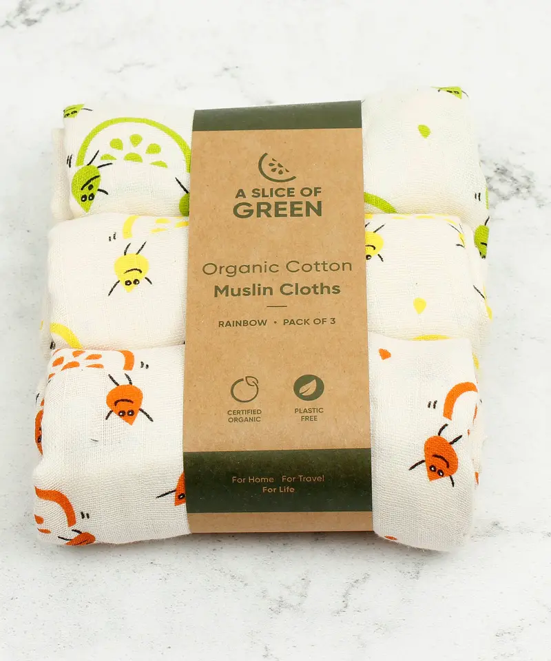 A Slice Of Green Organic Cotton Muslin Cloths - 3 Pack 1