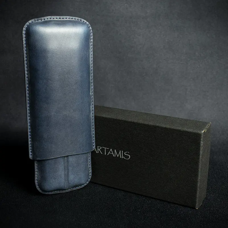 Artamis Navy Blue Leather Cigar Case - 2 Churchills 1