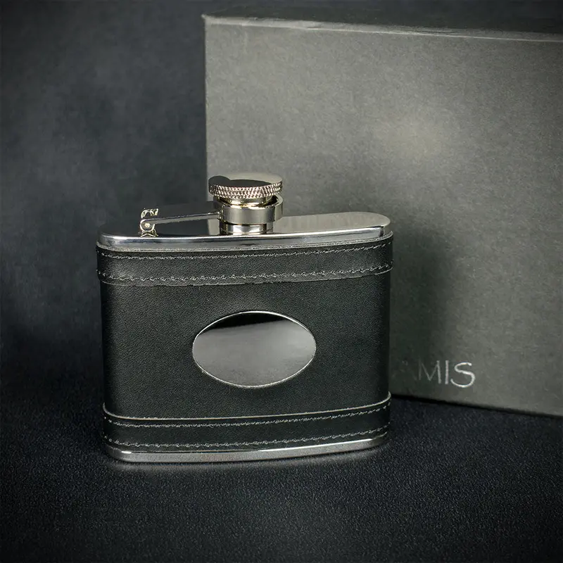 Black Leather Hip Flask - 4Oz Stainless Steel With Engraving Plate 1