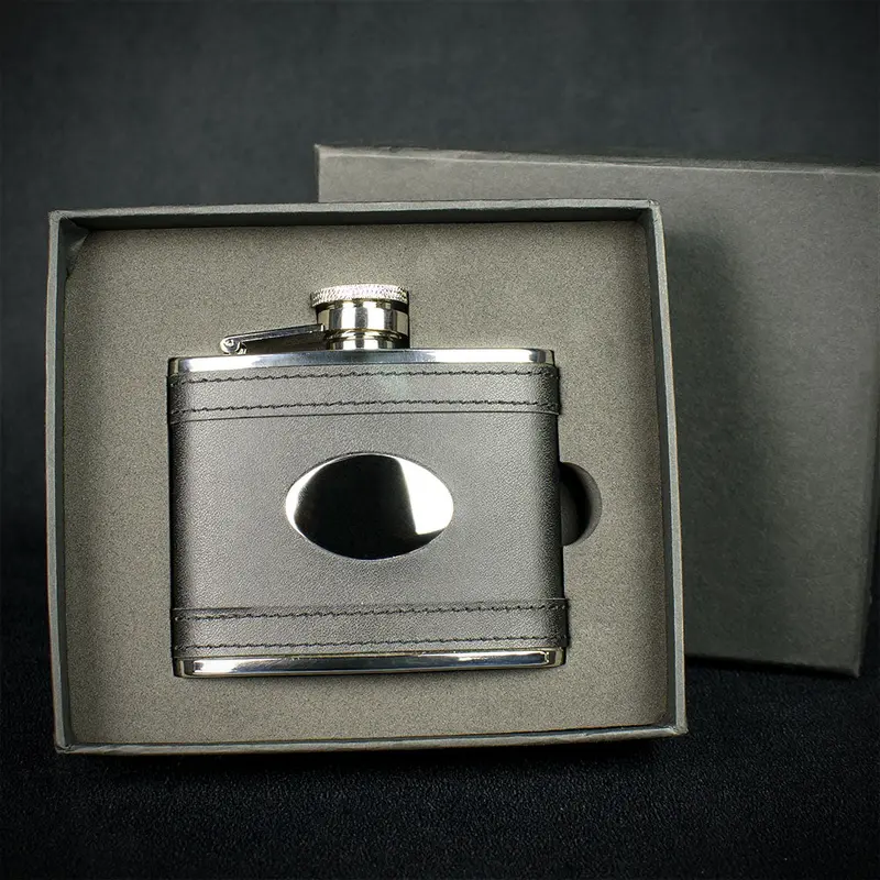Black Leather Hip Flask - 4Oz Stainless Steel With Engraving Plate 2