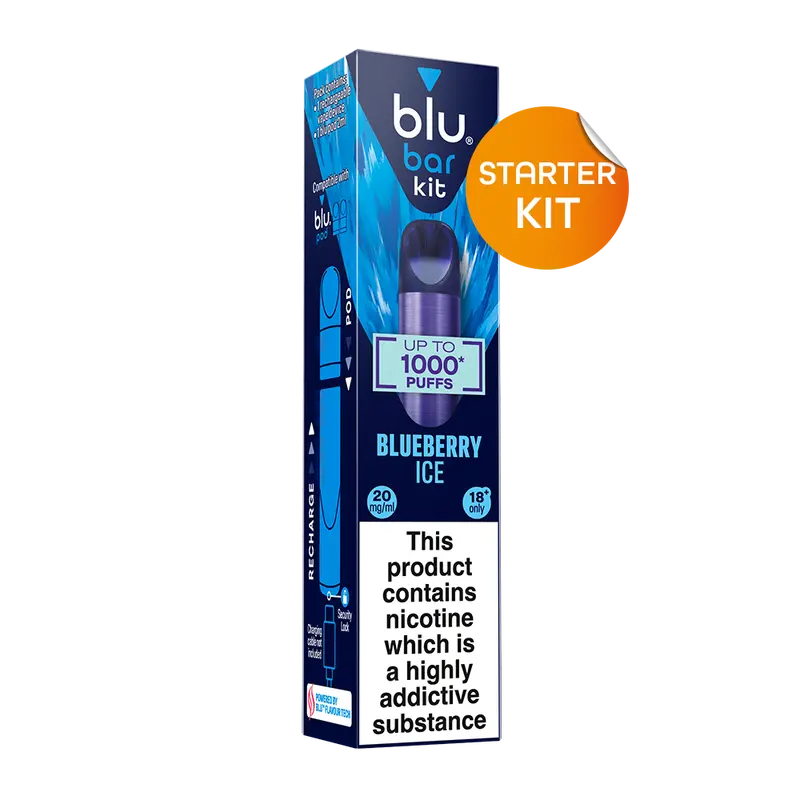 Blu Bar Starter Kit Rechargeable Device + Blueberry Ice Pod Vape 1000 - 2Ml 1
