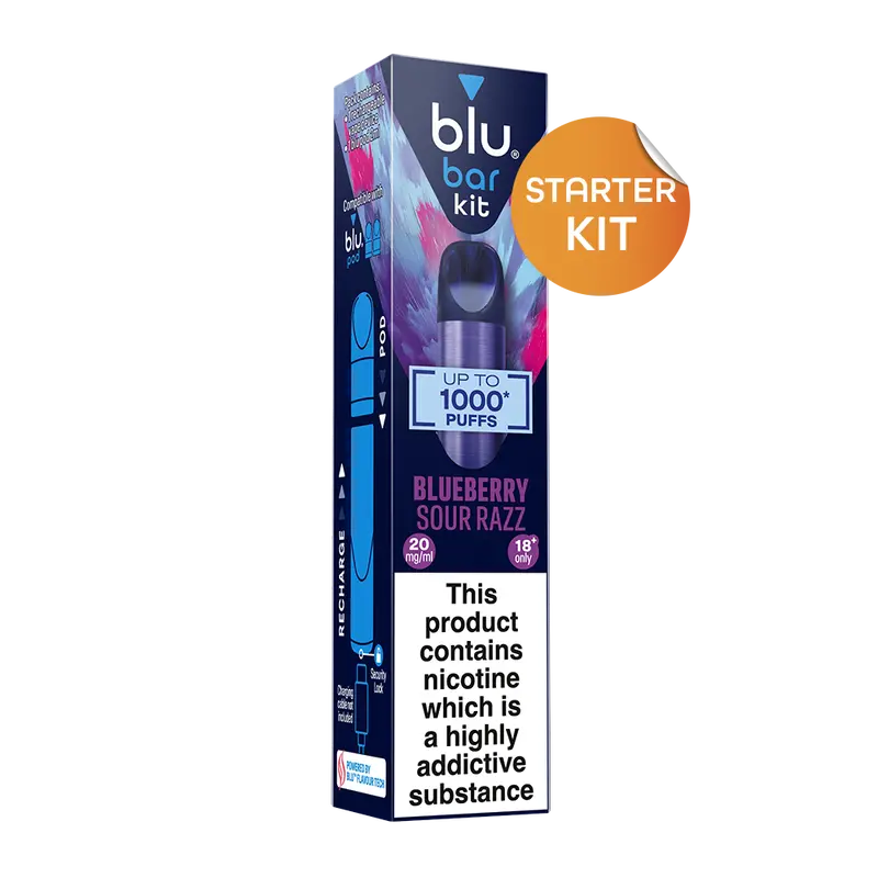 Blu Bar Starter Kit Rechargeable Device + Blueberry Sour Razz Pod Vape 1000 - 2Ml 1