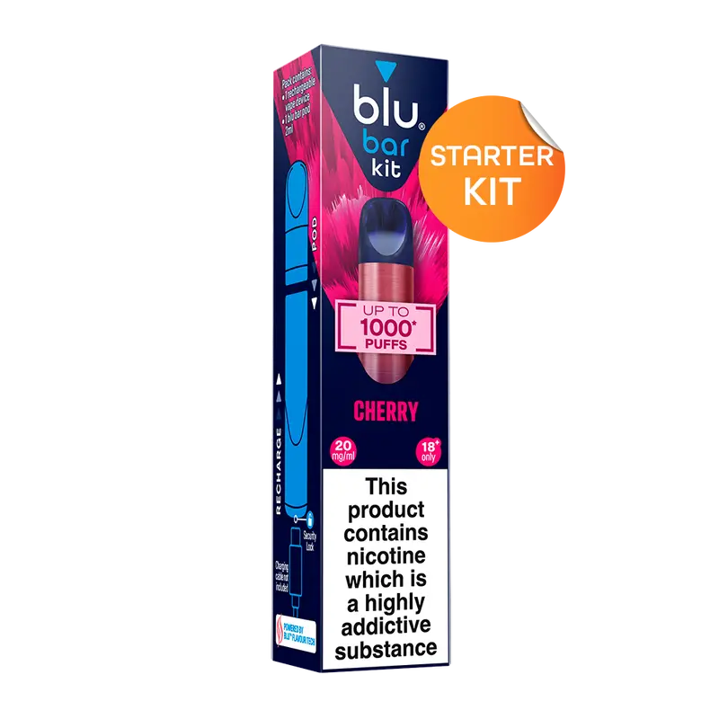 Blu Bar Starter Kit Rechargeable Device + Cherry Pod Vape 1000 - 2Ml 1