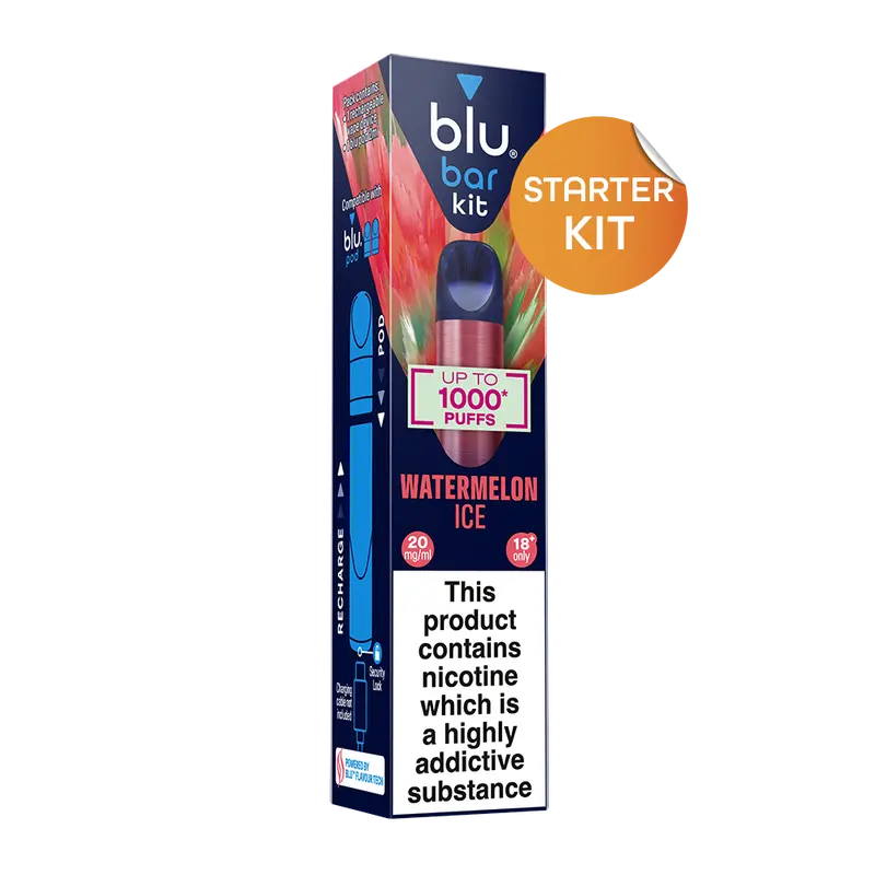 Blu Bar Starter Kit Rechargeable Device + Watermelon Ice Pod Vape 1000 - 2Ml 1