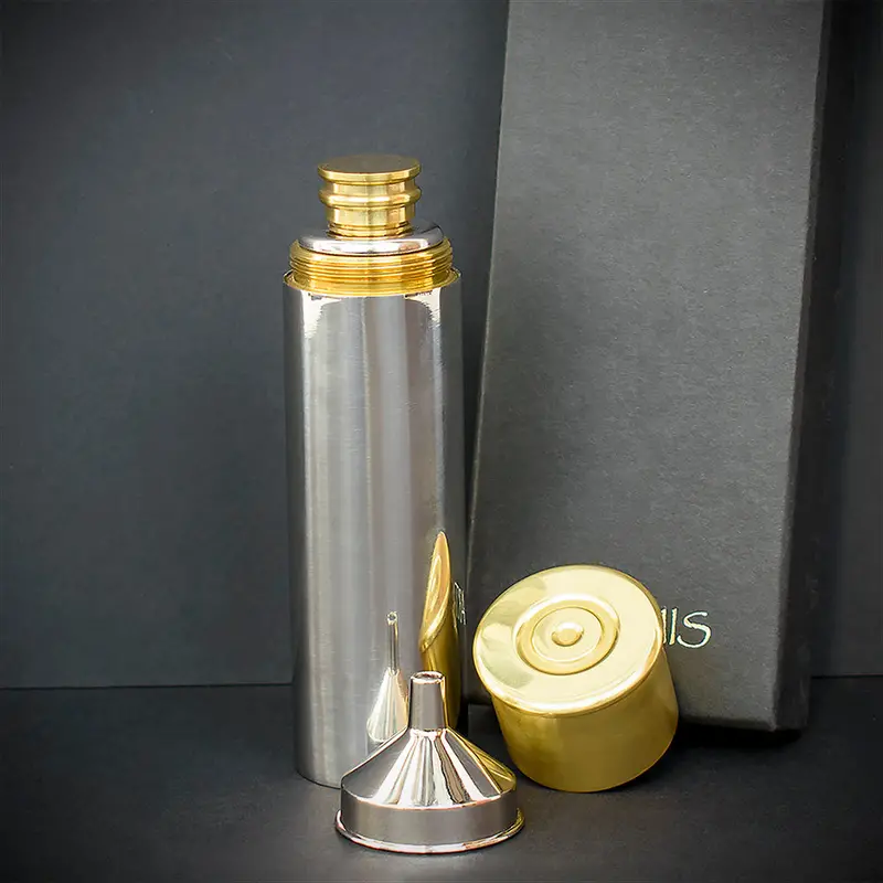 Brass And Polished Steel Hip Flask - 4Oz Shotgun Cartridge 2