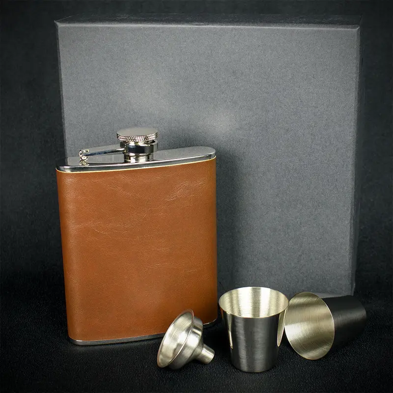 Brown Leather Hip Flask + 2 Cups - 6Oz Stainless Steel 1