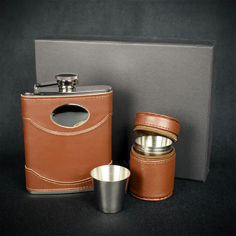 Brown Leather Hip Flask + 4 Cups - 6Oz Stainless Steel 1