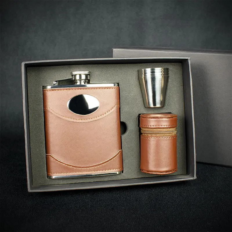 Brown Leather Hip Flask + 4 Cups - 6Oz Stainless Steel 2