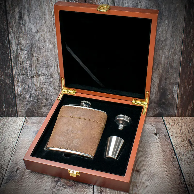 Brown Leather Hip Flask Gift Set  - 6Oz Stainless Steel 1