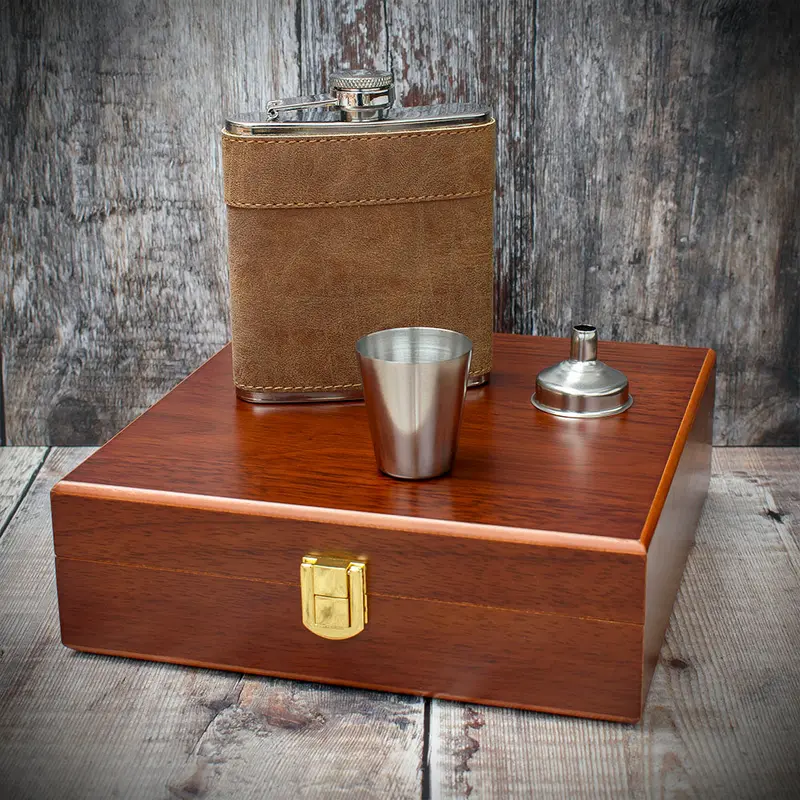 Brown Leather Hip Flask Gift Set - 6Oz Stainless Steel 2