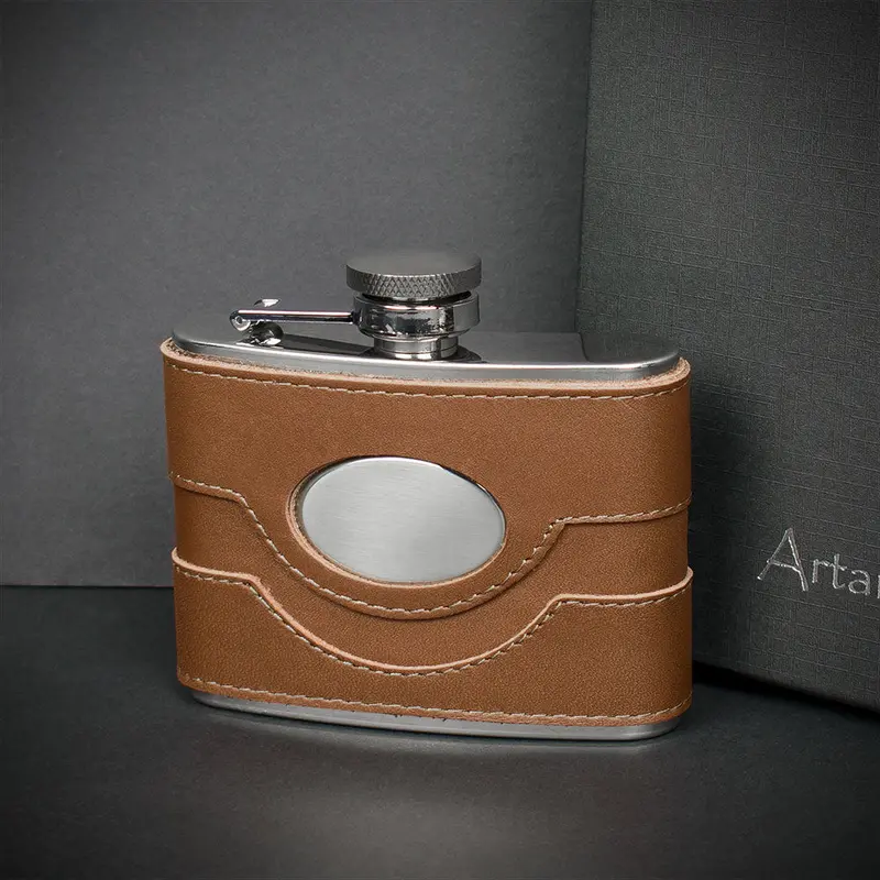 Brown Spanish Leather Hip Flask - 4Oz Stainless Steel 1