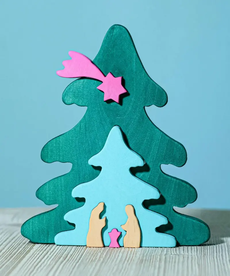Bumbu Toys Christmas Tree Nativity Puzzle - Fuchsia 1