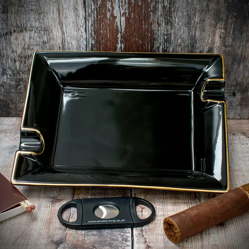 Cigar Ashtray - Black Ceramic Two Rests 1