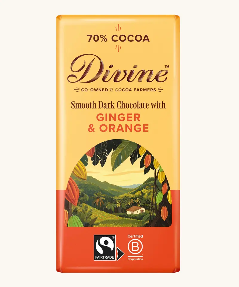 Divine Fairtrade 70% Dark Chocolate Bar With Ginger & Orange 90G 1