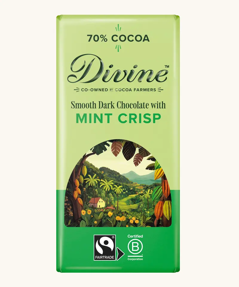 Divine Fairtrade 70% Dark Chocolate Bar With Mint Crisp 90G 1