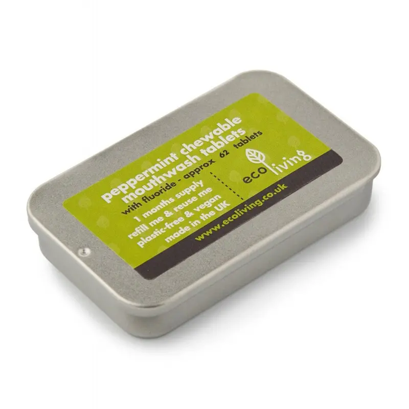 Ecoliving Peppermint Chewable Fluoride Mouthwash Tablets - 1 Month Refillable Tin 1