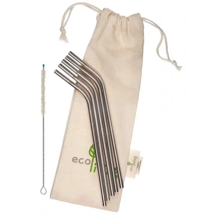 Ecoliving Stainless Steel Bent Drinking Straw And Pouch - 5 Pack 1