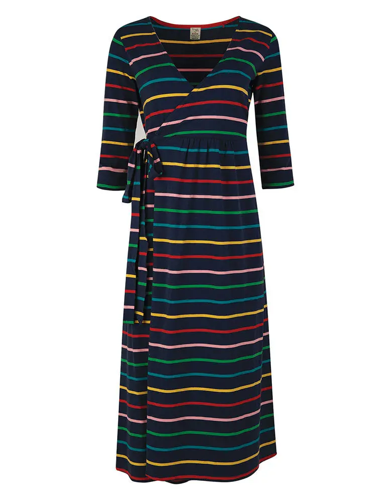 Frugi Adult Indigo Rainbow Stripe Rico Wrap Dress 1