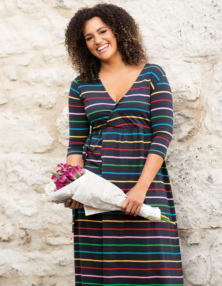 Frugi Adult Indigo Rainbow Stripe Rico Wrap Dress 2