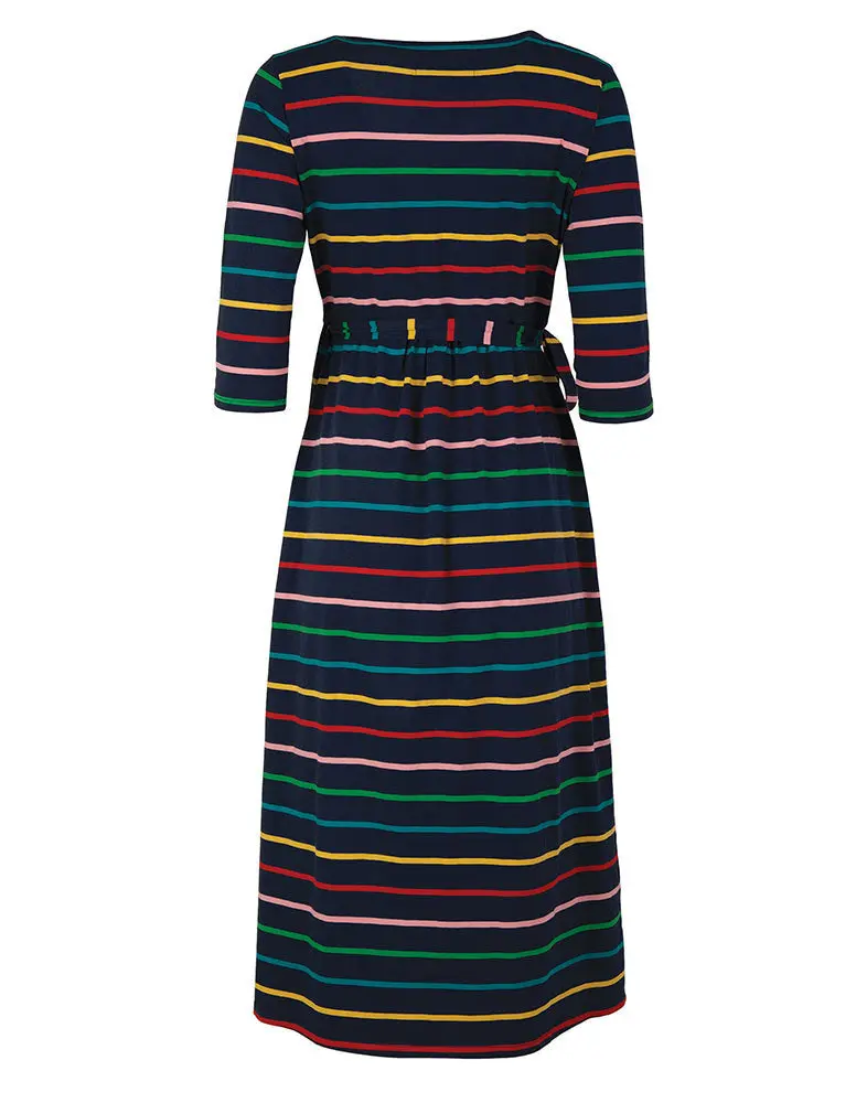 Frugi Adult Indigo Rainbow Stripe Rico Wrap Dress 3