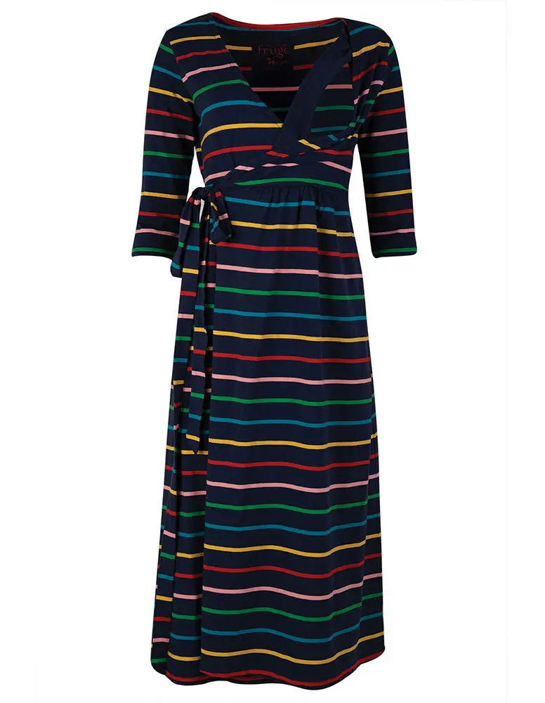 Frugi Adult Indigo Rainbow Stripe Rico Wrap Dress 4