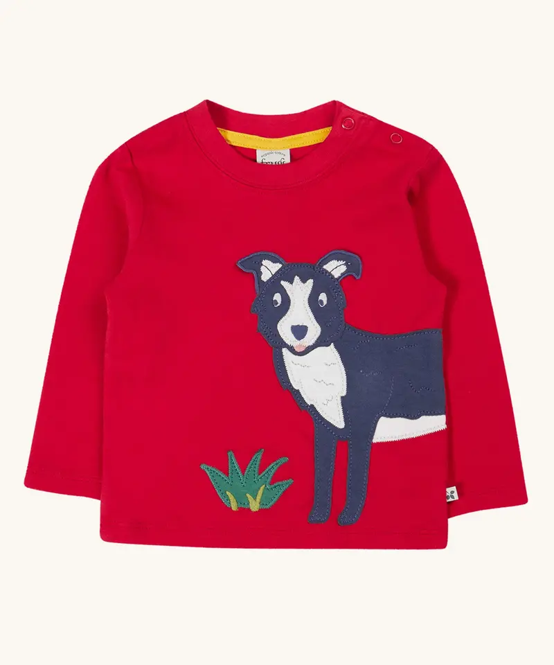 Frugi Adventure Applique Top - Berry Red / Sheep Dog 1