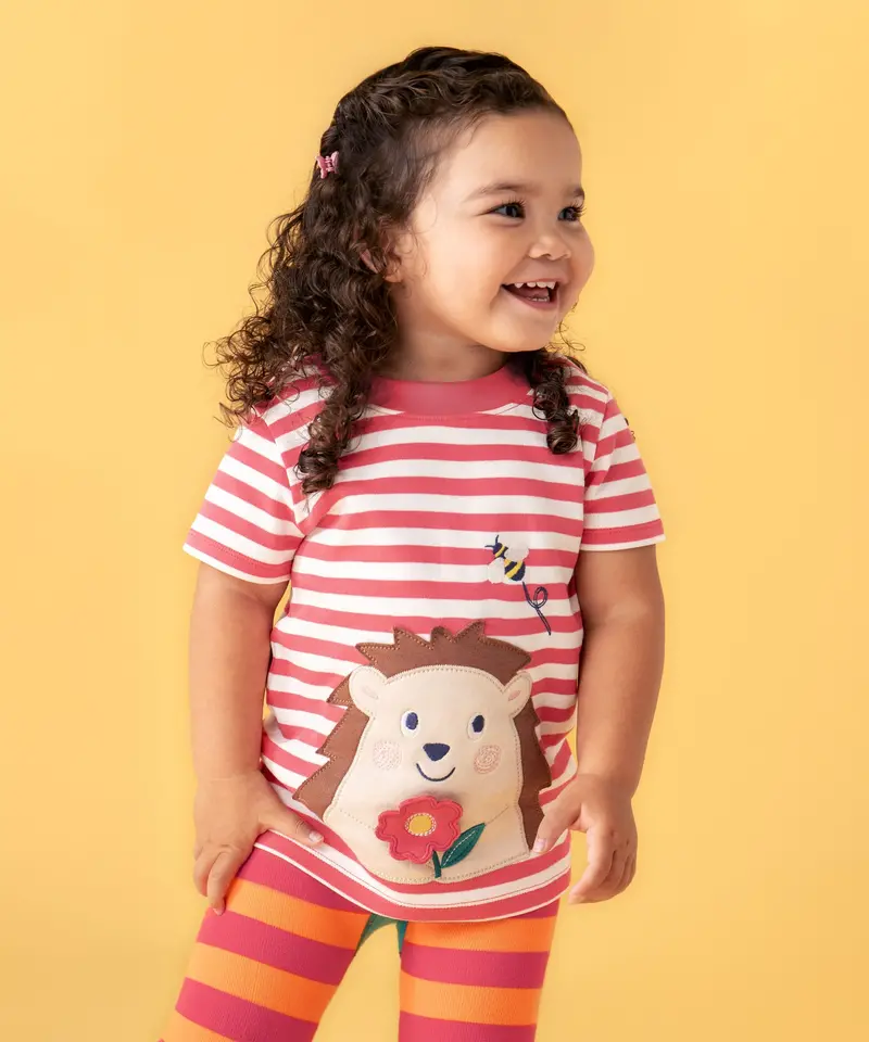 Frugi Easy On T-Shirt - Rhubarb Stripe / Hedgehog 2