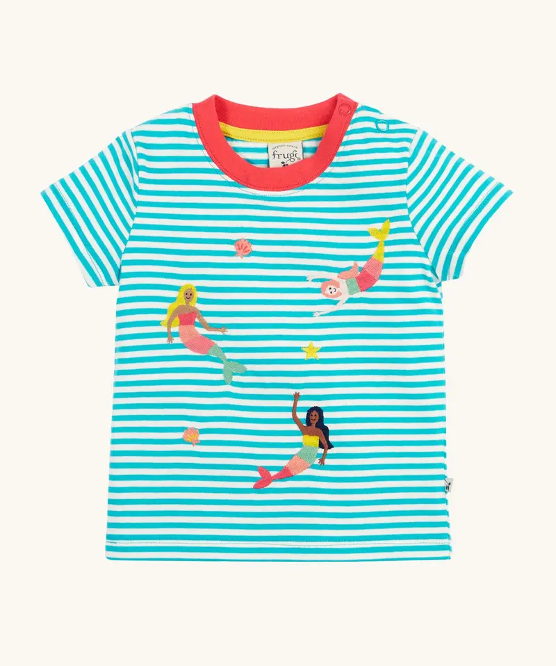 Frugi Ennis Embroidered T-Shirt - Moss Stripe / Mermaids 1