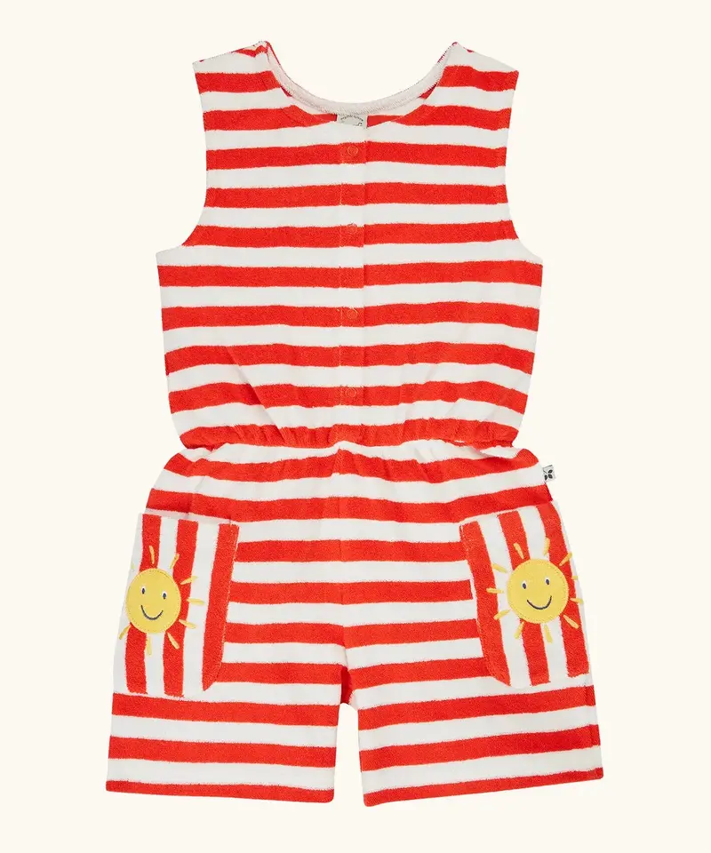 Frugi Harlyn Towelling Playsuit - Papaya Stripe 1