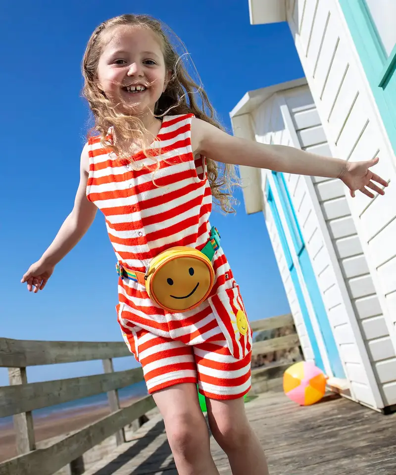 Frugi Harlyn Towelling Playsuit - Papaya Stripe 2