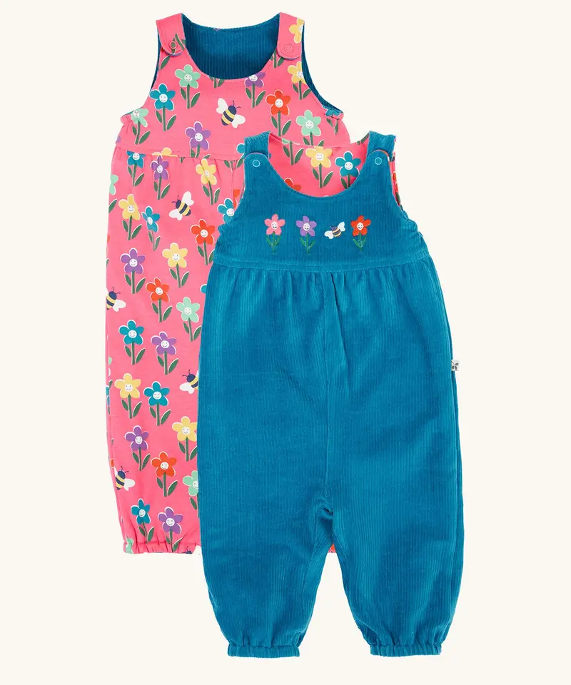 Frugi Helen Reversible Dungarees - Blue / Fun Flowers 1