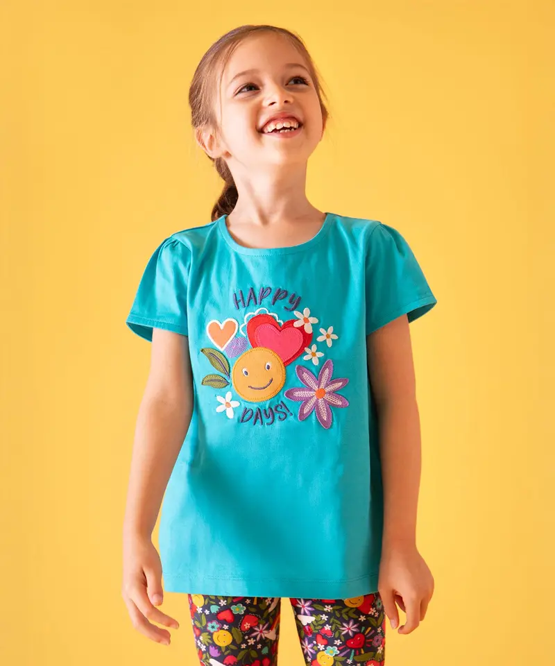 Frugi Lia Applique T-Shirt - Tropical Sea / Happy 2