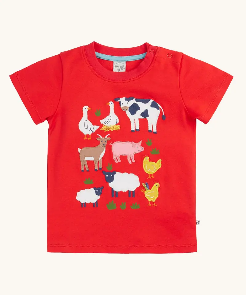 Frugi Little Creature Applique T-Shirt - Strawberry / Farm 1