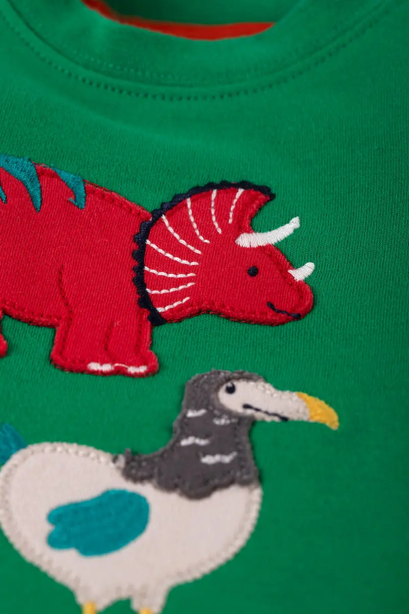 Frugi Little Creature Applique Top Green Dinos 2