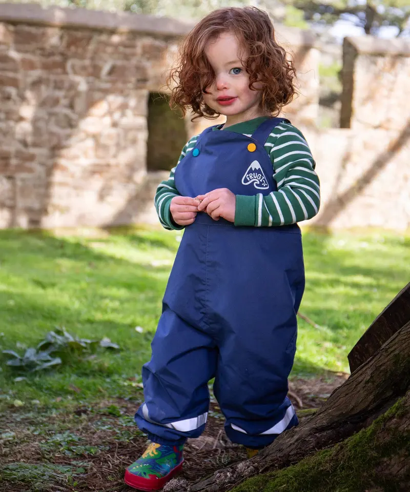 Frugi Little Waterproof Dungarees - Navy Orange 2