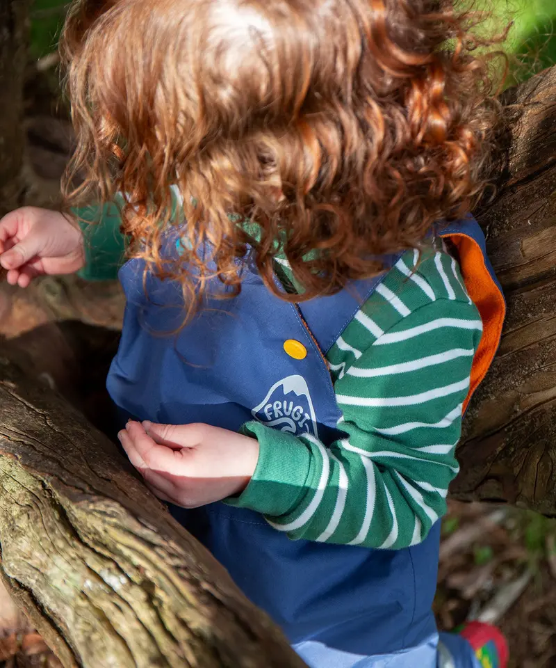 Frugi Little Waterproof Dungarees - Navy Orange 3