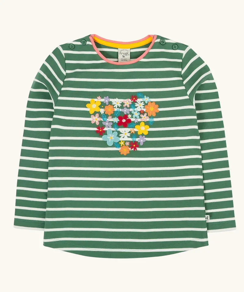 Frugi Louise Embroidered Top - Green Breton / Heart 1