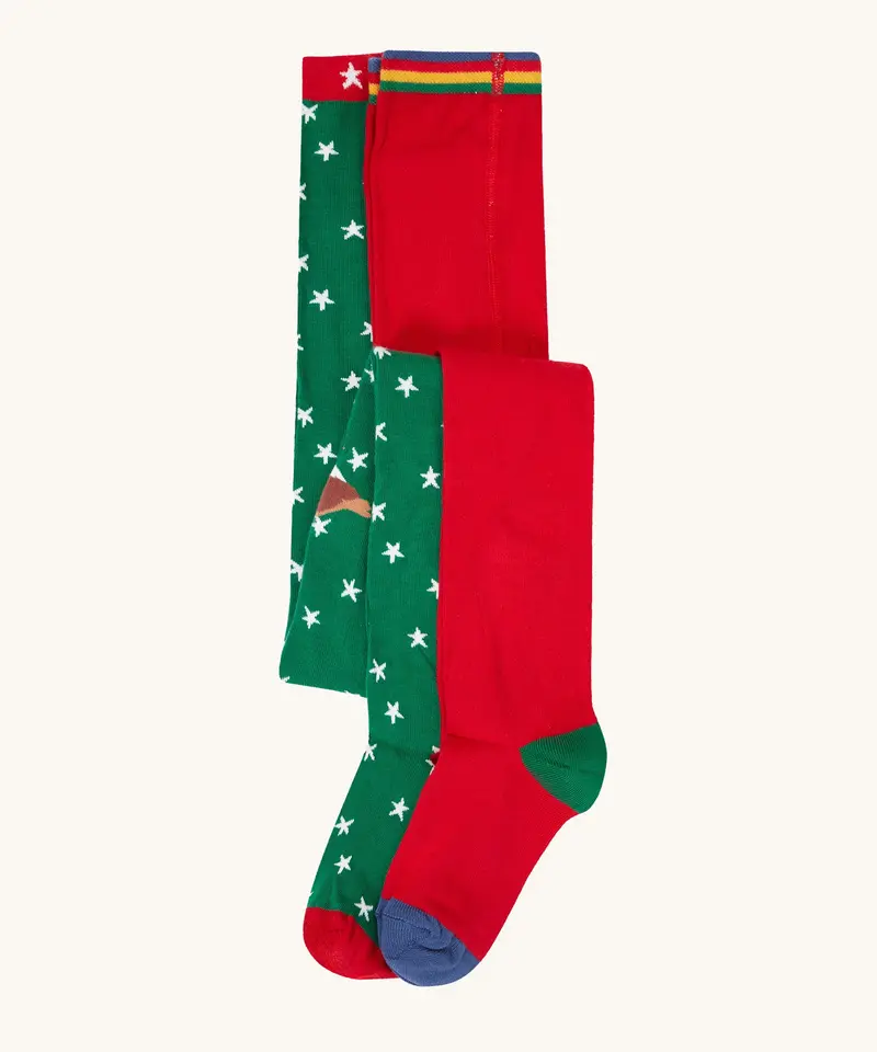 Frugi Norah Tights 2 Pack - Green Robin / Red 1