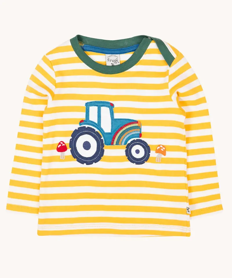 Frugi Orion Applique Top - Bee Stripe / Tractor 1