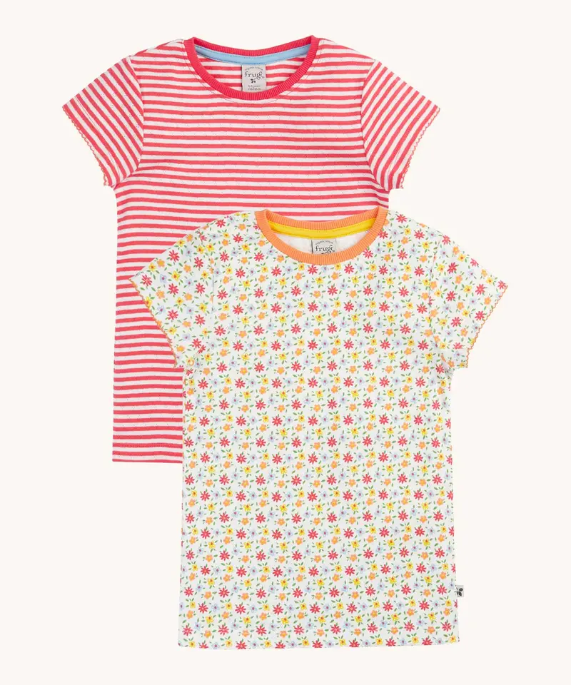 Frugi Pip Pointelle T-Shirts 2 Pack - Ditsy Floral / Stripe 1