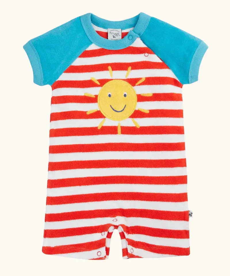 Frugi Shore Towelling Romper - Papaya Stripe / Sun 1