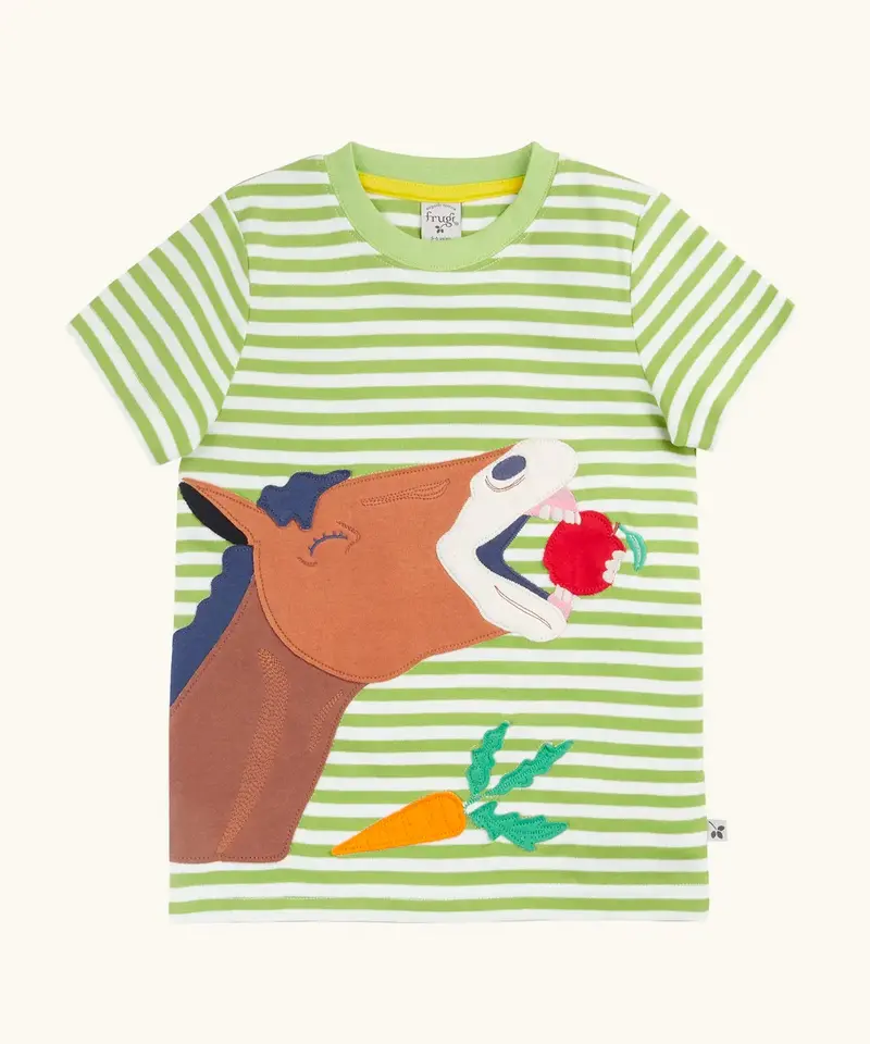 Frugi Sid Applique T-Shirt - Lime Stripe / Horse 1