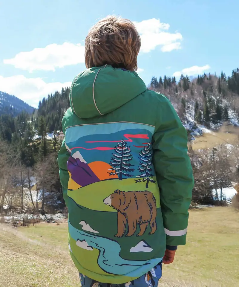 Frugi Snow And Ski Scene Coat - Holly Green / Mountains 2