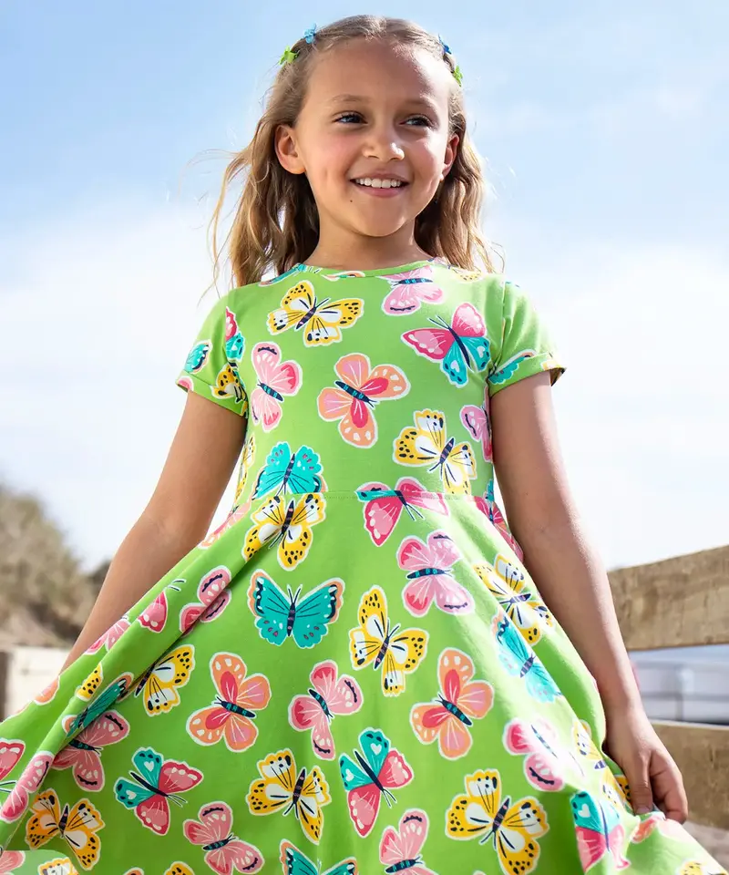 Frugi Spring Skater Dress - Lime Flutterby 1