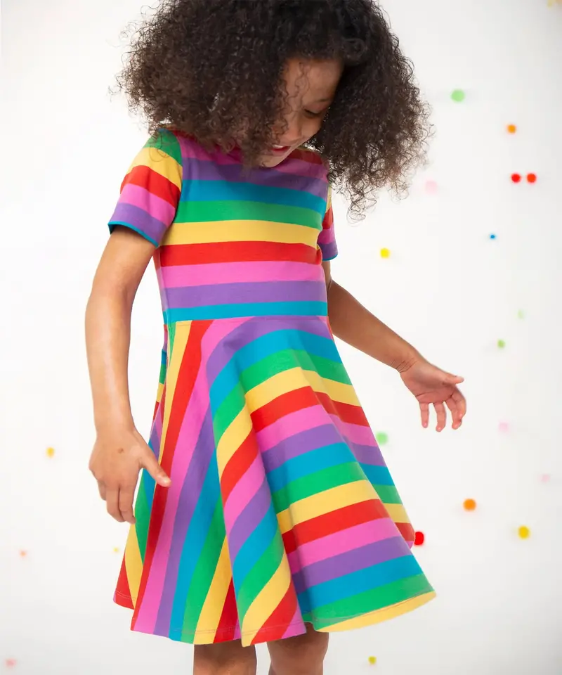 Frugi Sunshine Skater Dress - Foxglove Rainbow Stripe 2