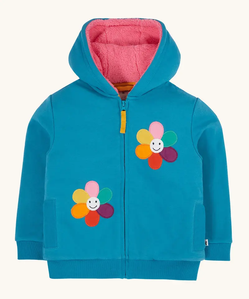 Frugi Ted Fleece Lined Hoodie - Boat Blue / Flowers 1