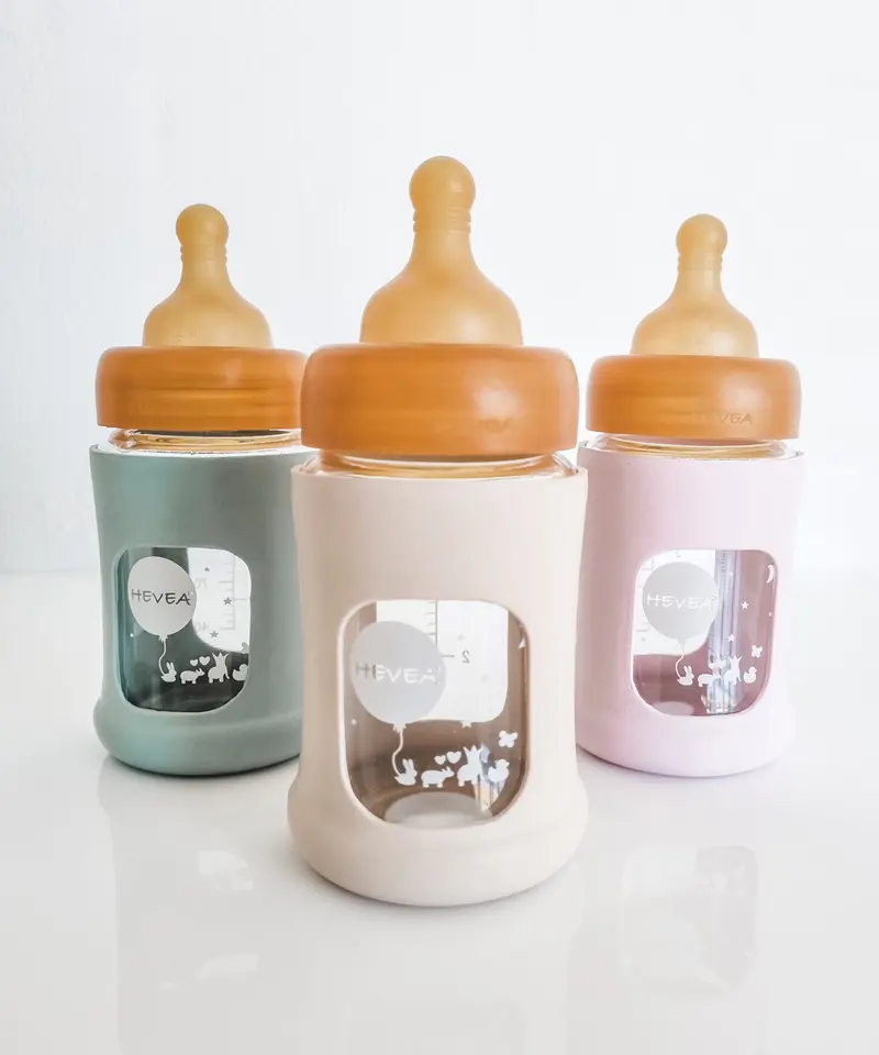 Hevea Wide Neck Glass Baby Bottle With Rubber Sleeve - 150Ml 1