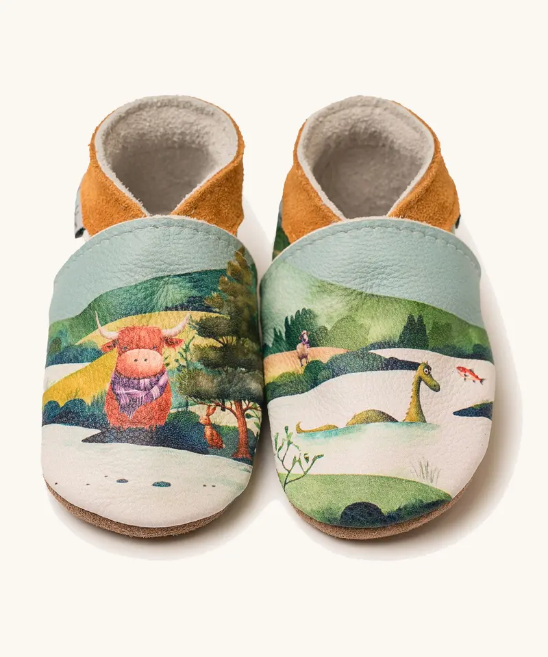 Inch Blue Rubber Sole Barefoot Shoes - Highland Cow 1