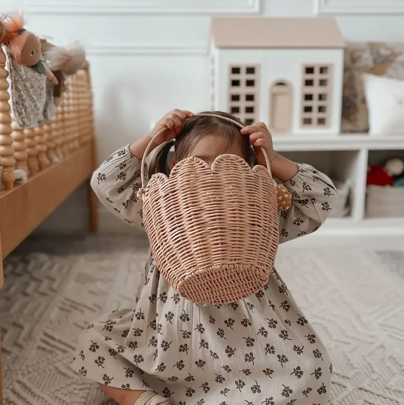 Olli Ella Rattan Tulip Carry Basket - Seashell Pink 2